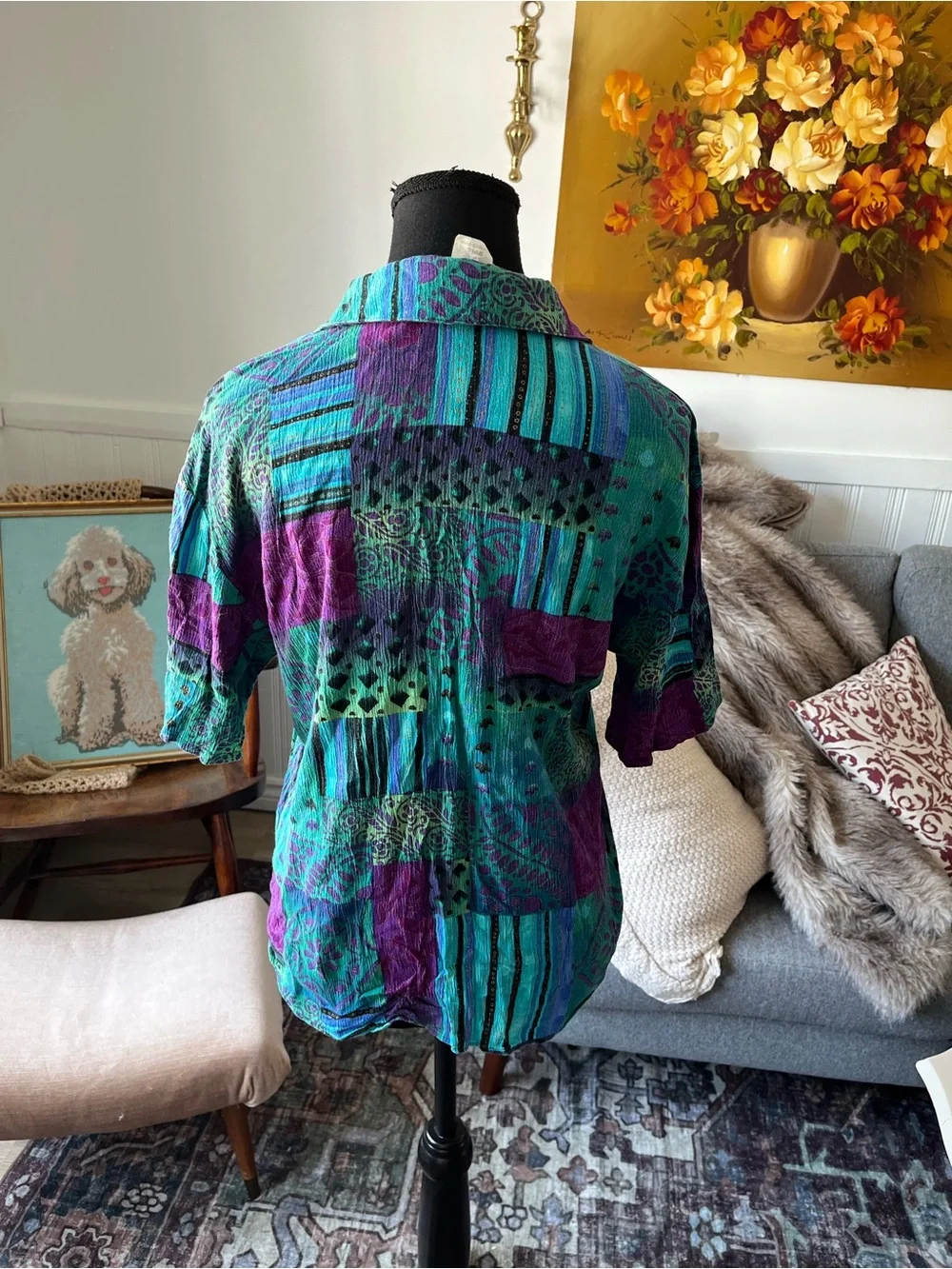 Women’s Vintage Teal, Purple & Black Button Front Shirt Size M fit - Picture 4 of 8
